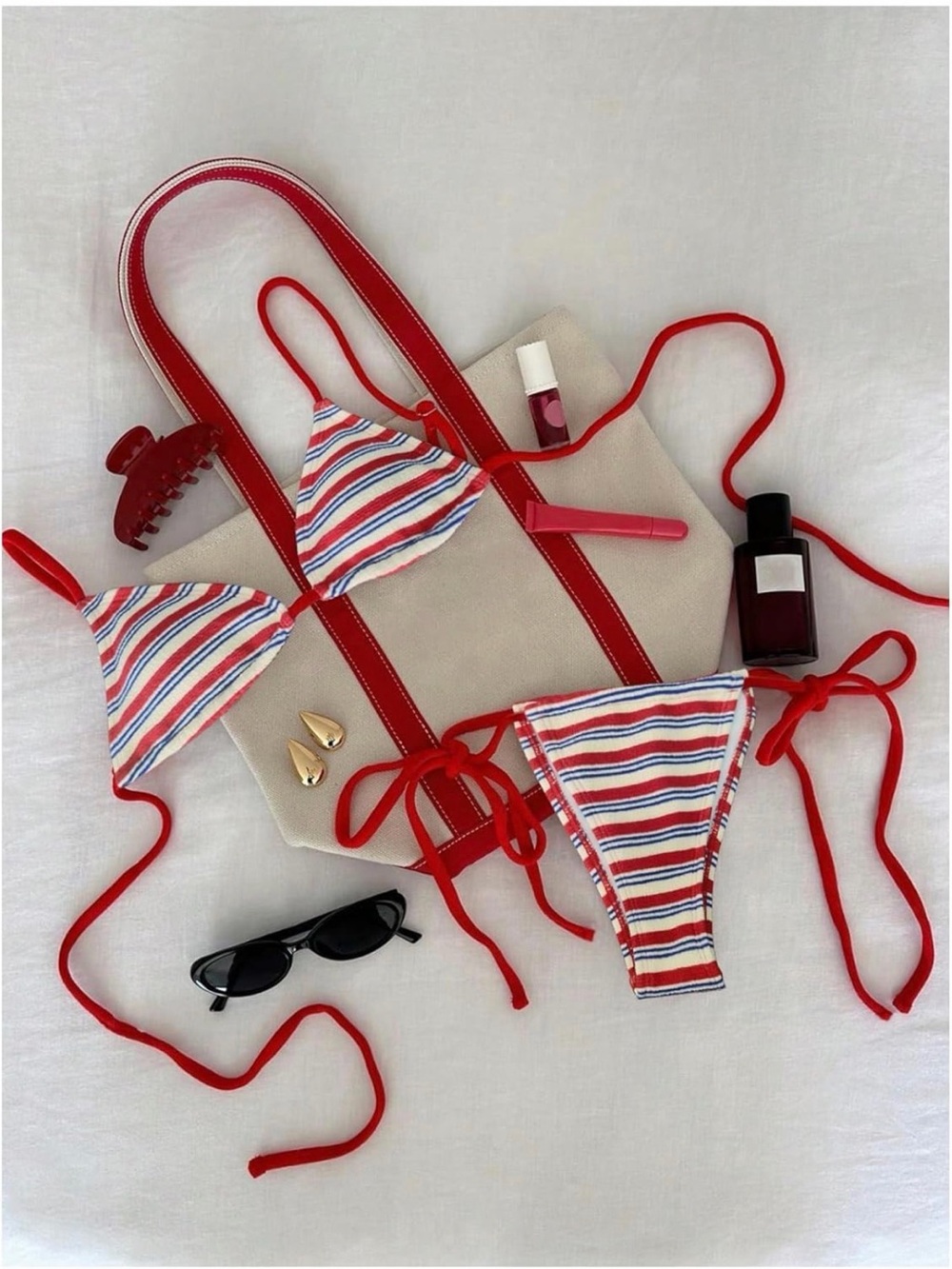 Striped High Leg Bikini Set with Red Trim